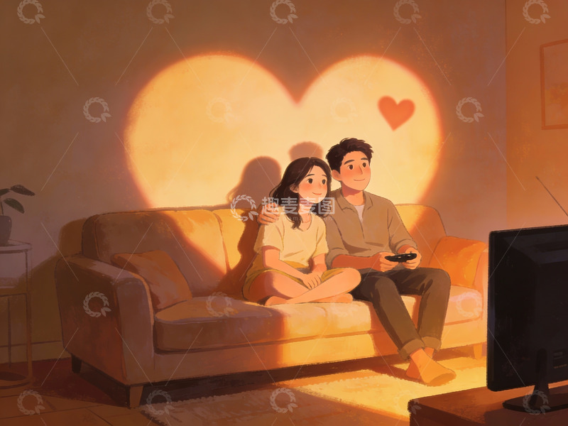 高清大图下载【趣麦麦图】情侣在客厅看电视
