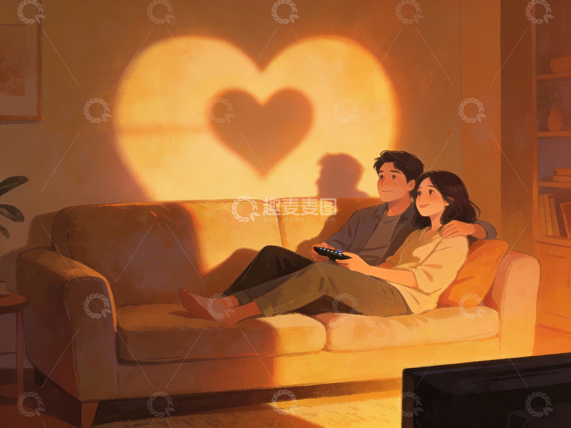 高清大图下载【趣麦麦图】情侣在沙发上观影