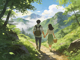 情侣携手徒步山间小径