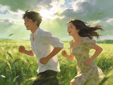青年男女在麦田奔跑