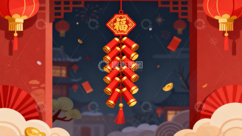 高清大图下载【趣麦麦图】春节灯笼鞭炮挂门红