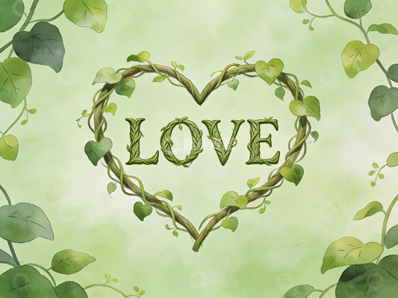 高清大图下载【趣麦麦图】绿叶环绕的心形爱字