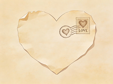 心形信纸上的爱意邮票