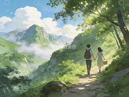 情侣携手徒步山间小径
