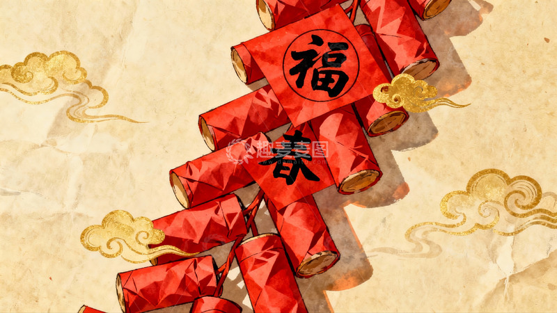 高清大图下载【趣麦麦图】红色鞭炮福字寓意新年