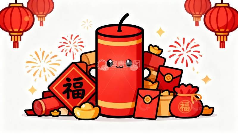 高清大图下载【趣麦麦图】春节喜庆卡通图案包含鞭炮红包