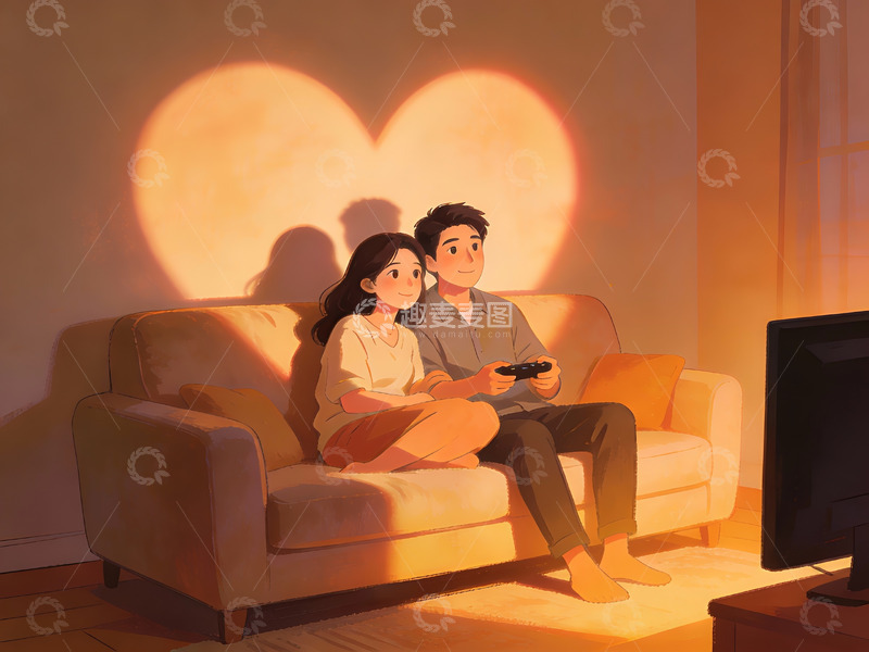 高清大图下载【趣麦麦图】情侣沙发观影温馨场景