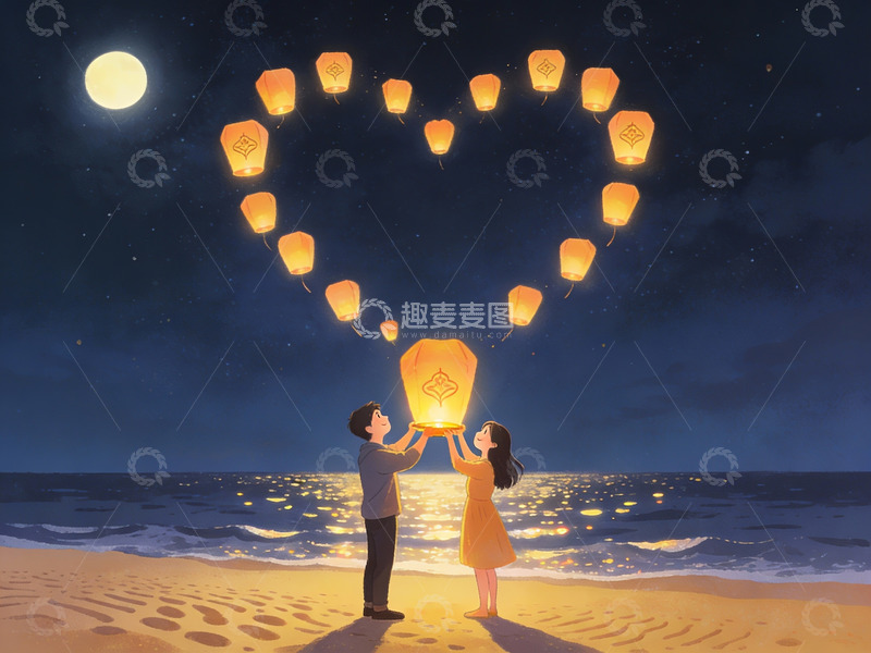 高清大图下载【趣麦麦图】情侣海滩放飞心形孔明灯