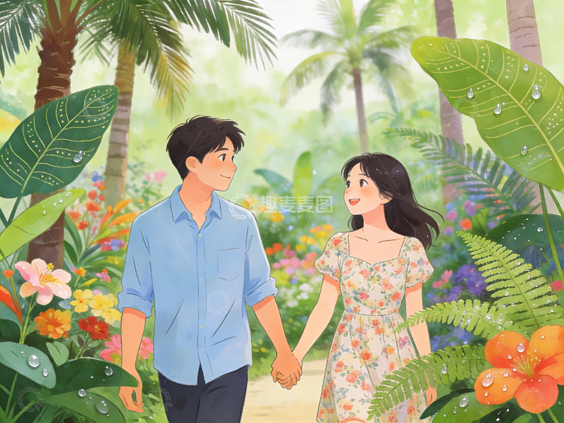 高清大图下载【趣麦麦图】情侣在热带花园中牵手散步