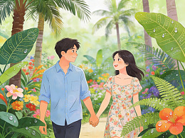 情侣在热带花园中牵手散步
