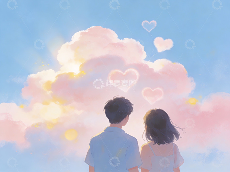 高清大图下载【趣麦麦图】情侣仰望心形云朵