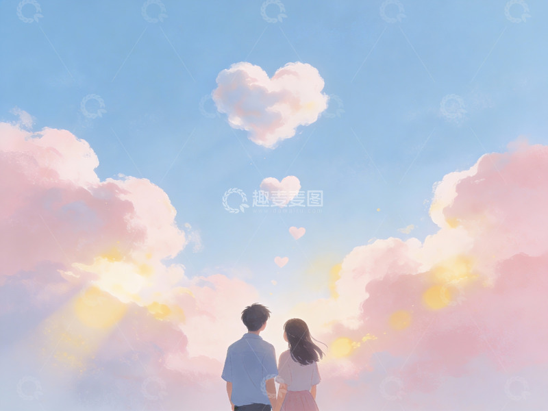 高清大图下载【趣麦麦图】情侣仰望心形云朵
