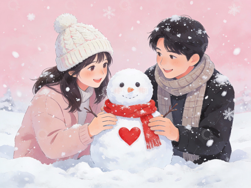 高清大图下载【趣麦麦图】雪中情侣堆雪人