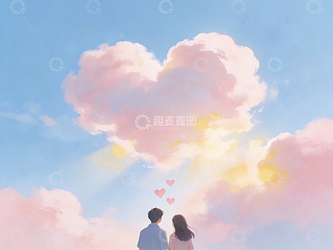 情侣仰望心形云朵