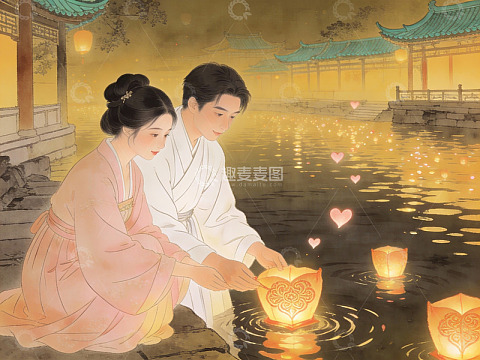 情侣放河灯祈愿