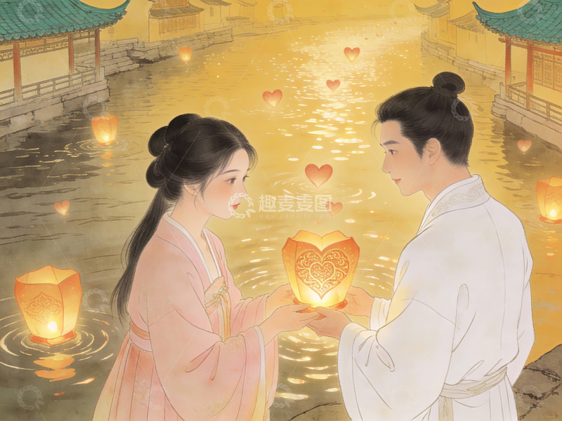 高清大图下载【趣麦麦图】古风情侣共放河灯