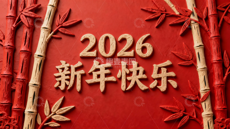 高清大图下载【趣麦麦图】红色背景新年快乐立体字样