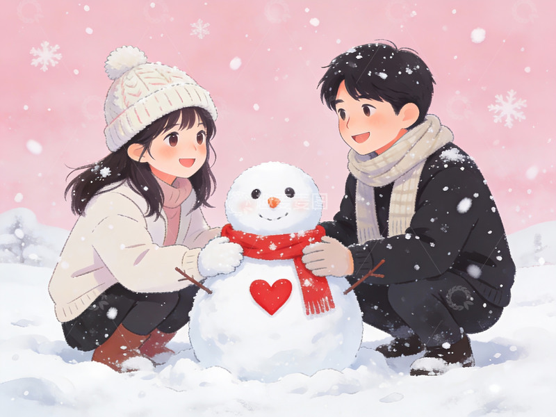 高清大图下载【趣麦麦图】情侣雪中堆雪人