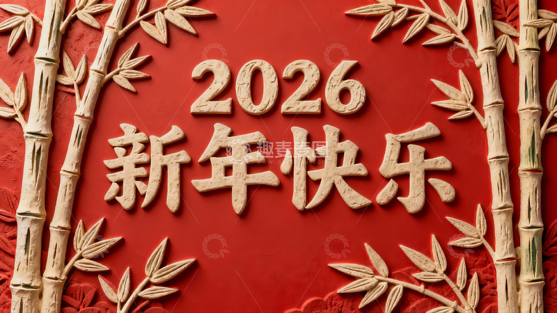 高清大图下载【趣麦麦图】红色背景新年快乐立体字样