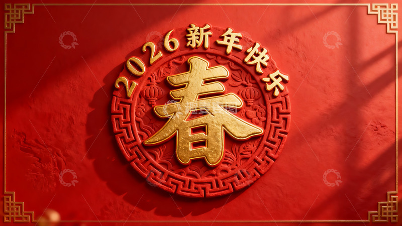 高清大图下载【趣麦麦图】红色背景金色春字新年装饰