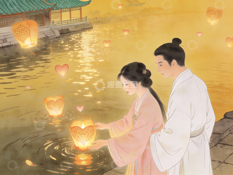 高清大图下载【趣麦麦图】情侣放河灯共赏夜景