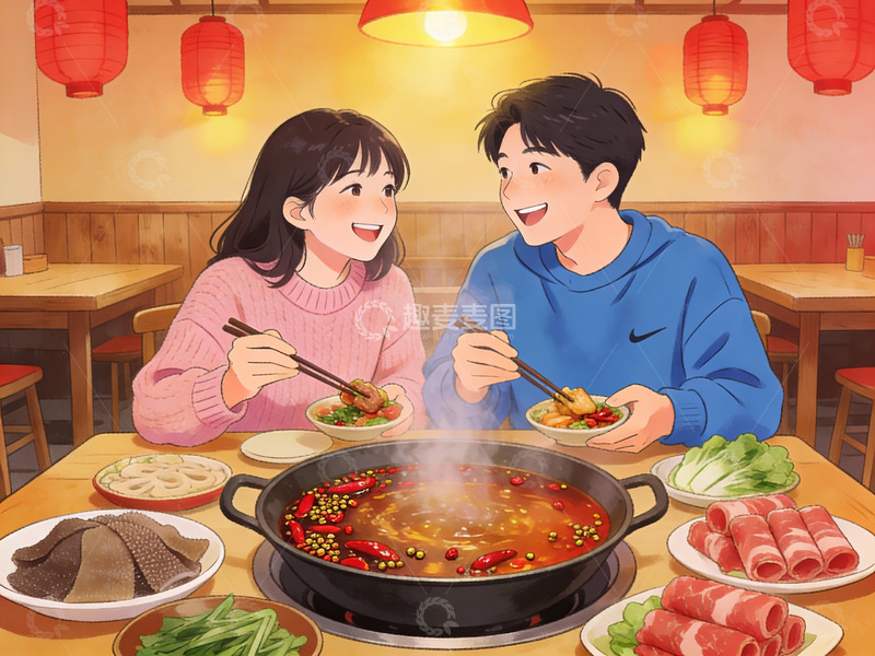 高清大图下载【趣麦麦图】情侣共进火锅晚餐