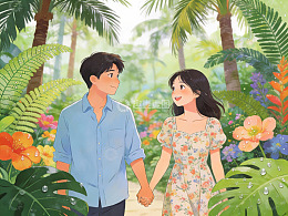情侣在热带花园中牵手散步