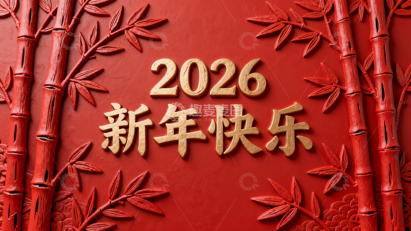 高清大图下载【趣麦麦图】红色竹子新年快乐装饰画