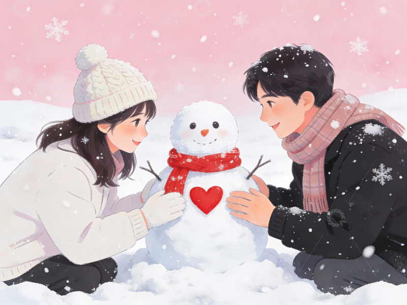 高清大图下载【趣麦麦图】情侣雪中堆雪人