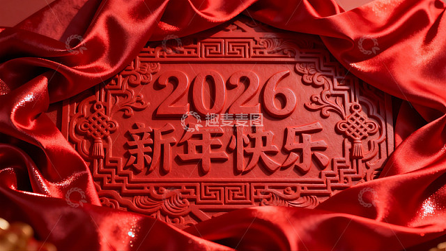 红色新年祝福印章与绸缎