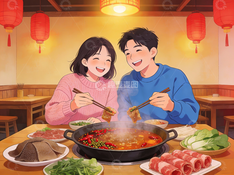 高清大图下载【趣麦麦图】情侣共进火锅晚餐