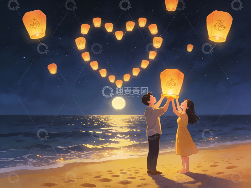 高清大图下载【趣麦麦图】情侣海边放天灯心形图案