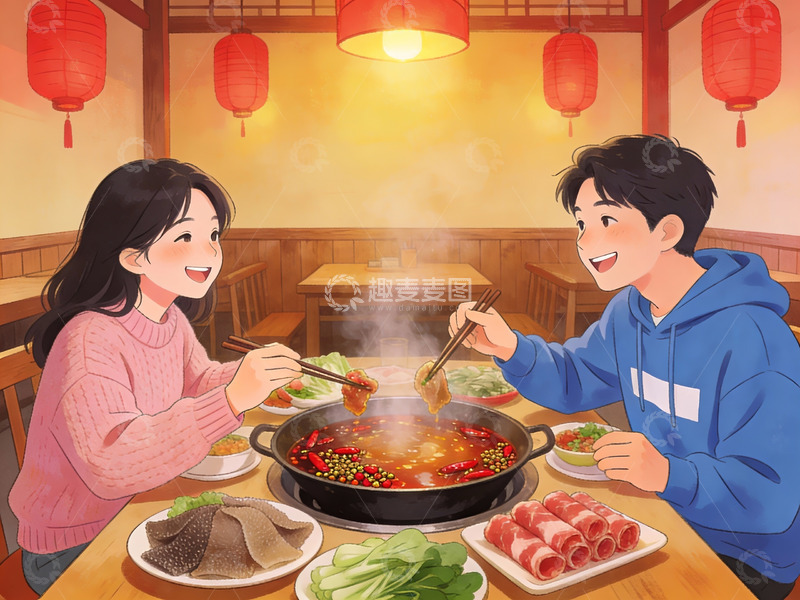高清大图下载【趣麦麦图】情侣共进火锅晚餐