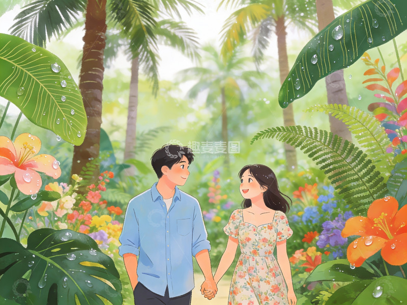 高清大图下载【趣麦麦图】情侣在热带花园中牵手散步