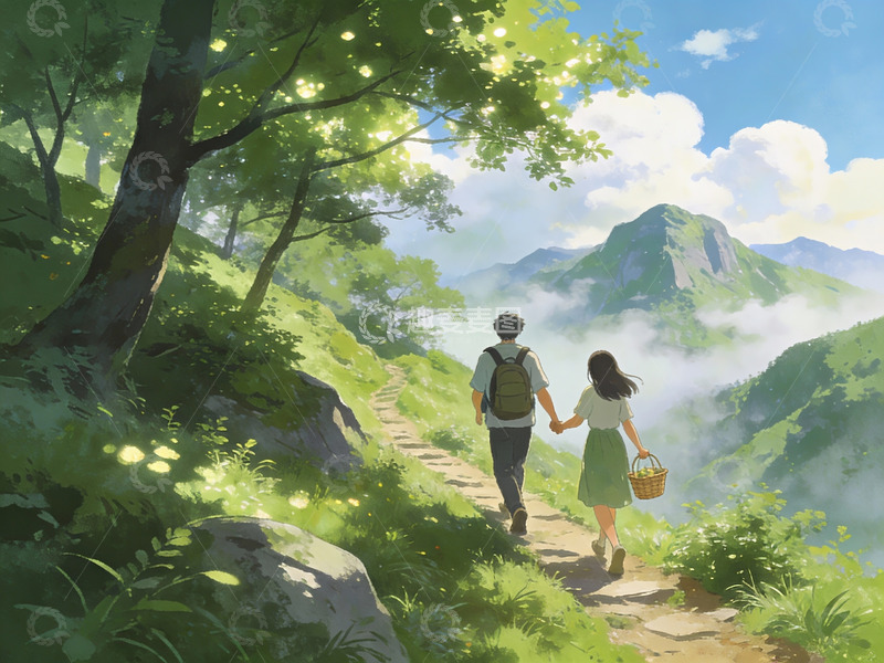 高清大图下载【趣麦麦图】情侣携手徒步山间小径