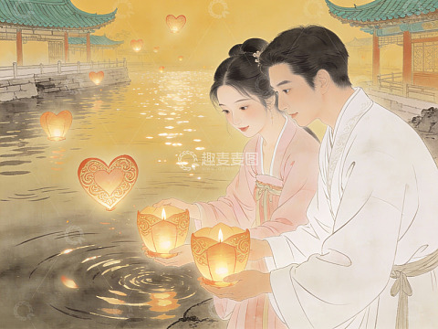 情侣放河灯共度佳节