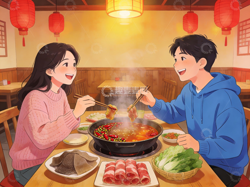 高清大图下载【趣麦麦图】情侣共进火锅晚餐