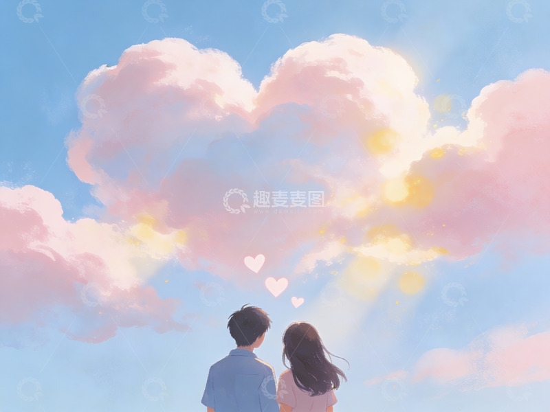 高清大图下载【趣麦麦图】情侣仰望心形云朵