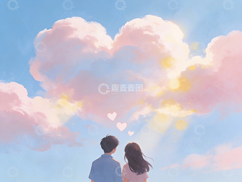 情侣仰望心形云朵