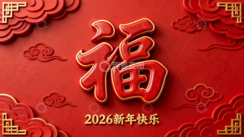 高清大图下载【趣麦麦图】红色背景新年福字装饰图案