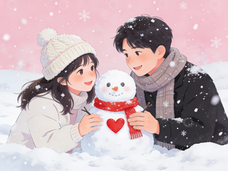 高清大图下载【趣麦麦图】雪中情侣堆雪人