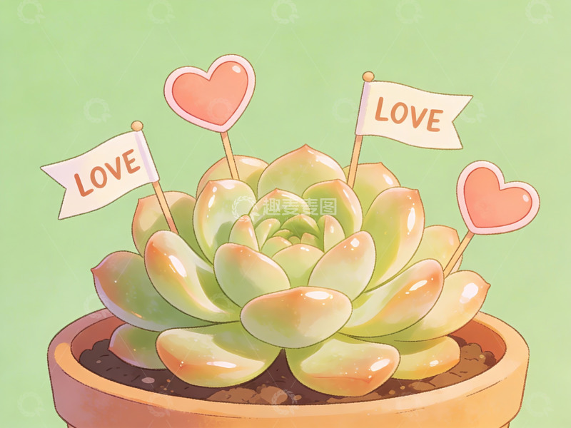 高清大图下载【趣麦麦图】盆栽多肉植物插爱心旗帜
