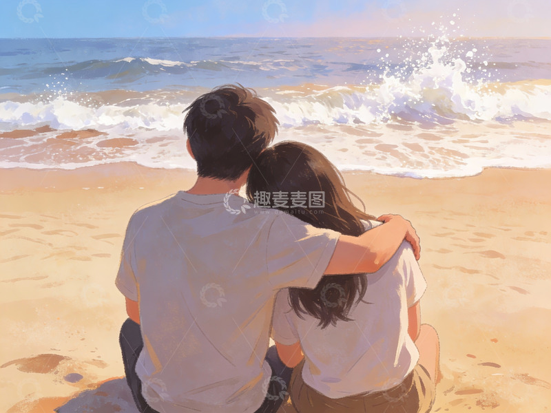 高清大图下载【趣麦麦图】情侣海边静坐观海