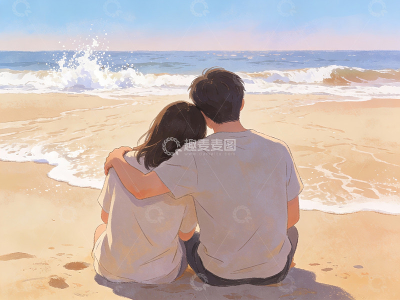 高清大图下载【趣麦麦图】情侣沙滩观海背影