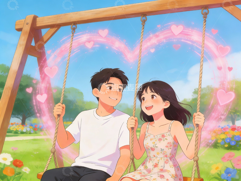 高清大图下载【趣麦麦图】情侣在秋千上微笑