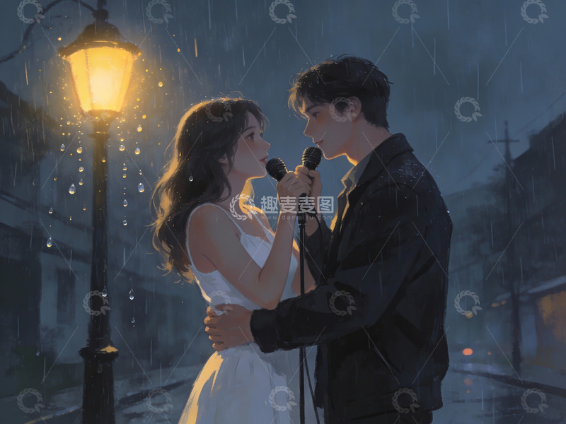 高清大图下载【趣麦麦图】雨夜街头情侣共唱情歌