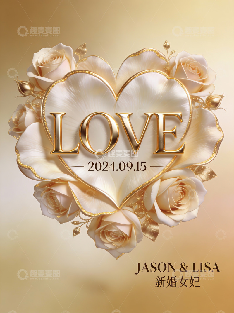 高清大图下载【趣麦麦图】金色玫瑰心形婚礼海报