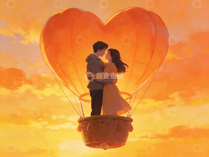 高清大图下载【趣麦麦图】情侣热气球共赏日落