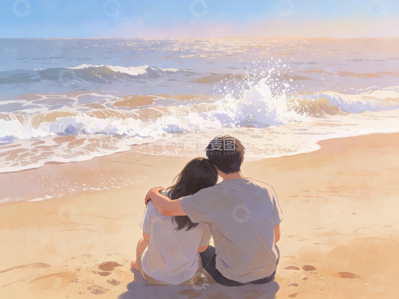 高清大图下载【趣麦麦图】情侣海边静坐观海景
