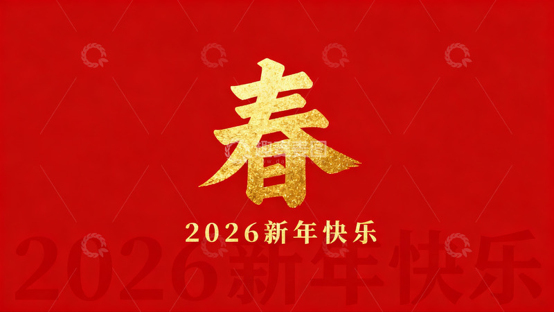 高清大图下载【趣麦麦图】红色背景金色春字新年祝福